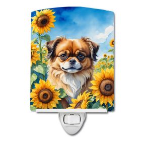 NEW Tibetan Spaniel in Sunflowers Ceramic Night Light Compact, UL-Certified, Ideal for Bedroom, Bathroom, Nursery, Hallway, Kitchen, 6x4x3, Multicolor