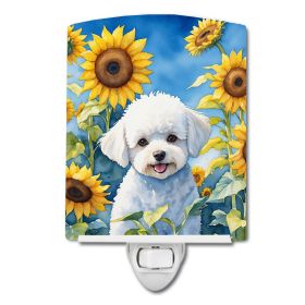 NEW Bichon Frise in Sunflowers Ceramic Night Light Compact, UL-Certified, Ideal for Bedroom, Bathroom, Nursery, Hallway, Kitchen, 6x4x3, Multicolor