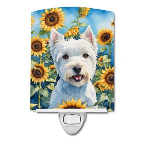 NEW Westie in Sunflowers Ceramic Night Light Compact, UL-Certified, Ideal for Bedroom, Bathroom, Nursery, Hallway, Kitchen, 6x4x3, Multicolor