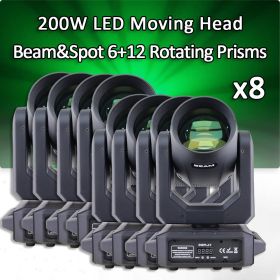 8Pcs/Lot Yuer 200W 6 Color Rainbow Effect+12 Gobos Led Moving Head Light Beam Spot 6+12Prisms Disco DJ Wedding Party Lighting (Plug Type: UK Plug, Color: 8Pcs Carton Case)
